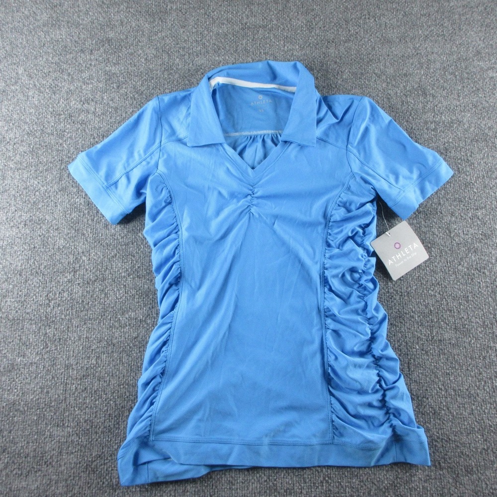 Athleta Birdie Polo Shirt Womens XS Blue Ruched Short Sleeve Golf Athletic